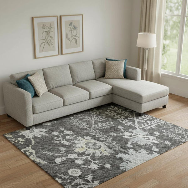 HomeRoots 10' Charcoal Gray & Silver Floral Area Rug - Washable, UV Protected, Stain Resistant for High Traffic Use 687047