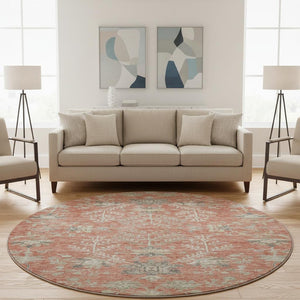 HomeRoots 8' Coral Beige and Taupe Floral Round Rug – Washable, UV-Protected, Stain-Resistant for Every Space 687050