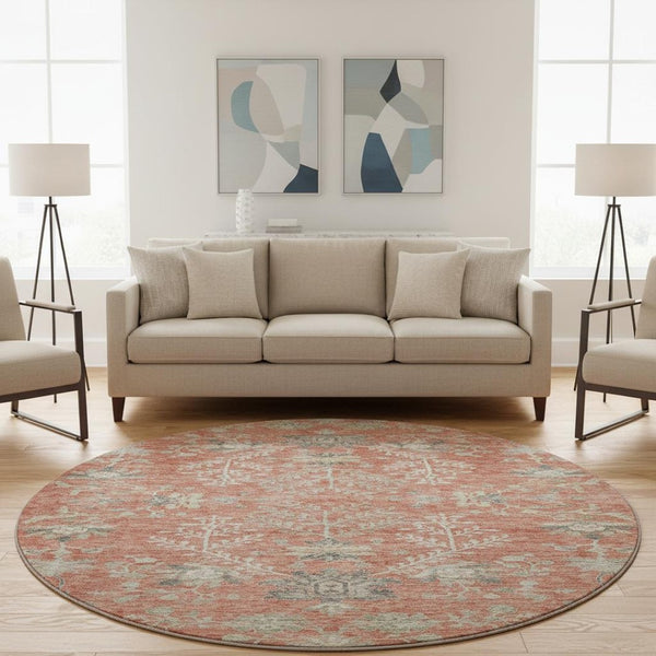 HomeRoots 8' Coral Beige and Taupe Floral Round Rug – Washable, UV-Protected, Stain-Resistant for Every Space 687050