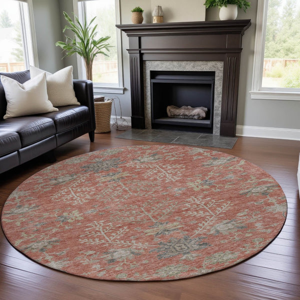 HomeRoots 8' Coral Beige and Taupe Floral Round Rug – Washable, UV-Protected, Stain-Resistant for Every Space 687050
