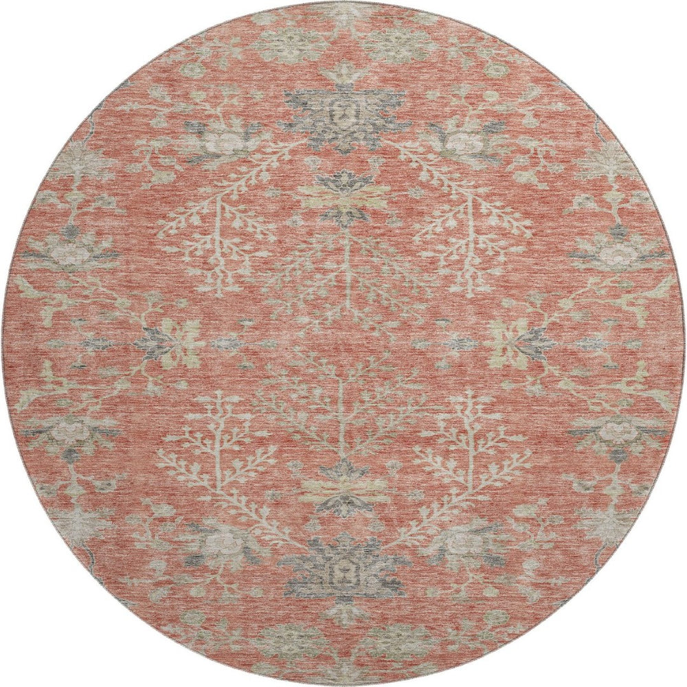 HomeRoots 8' Coral Beige and Taupe Floral Round Rug – Washable, UV-Protected, Stain-Resistant for Every Space 687050