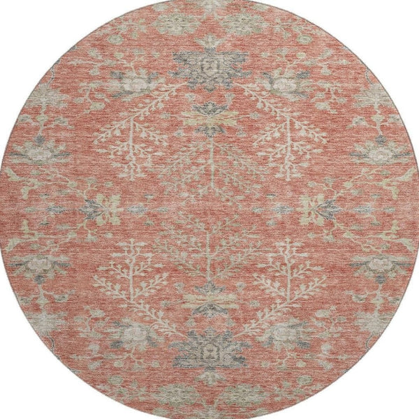 HomeRoots 8' Coral Beige and Taupe Floral Round Rug – Washable, UV-Protected, Stain-Resistant for Every Space 687050