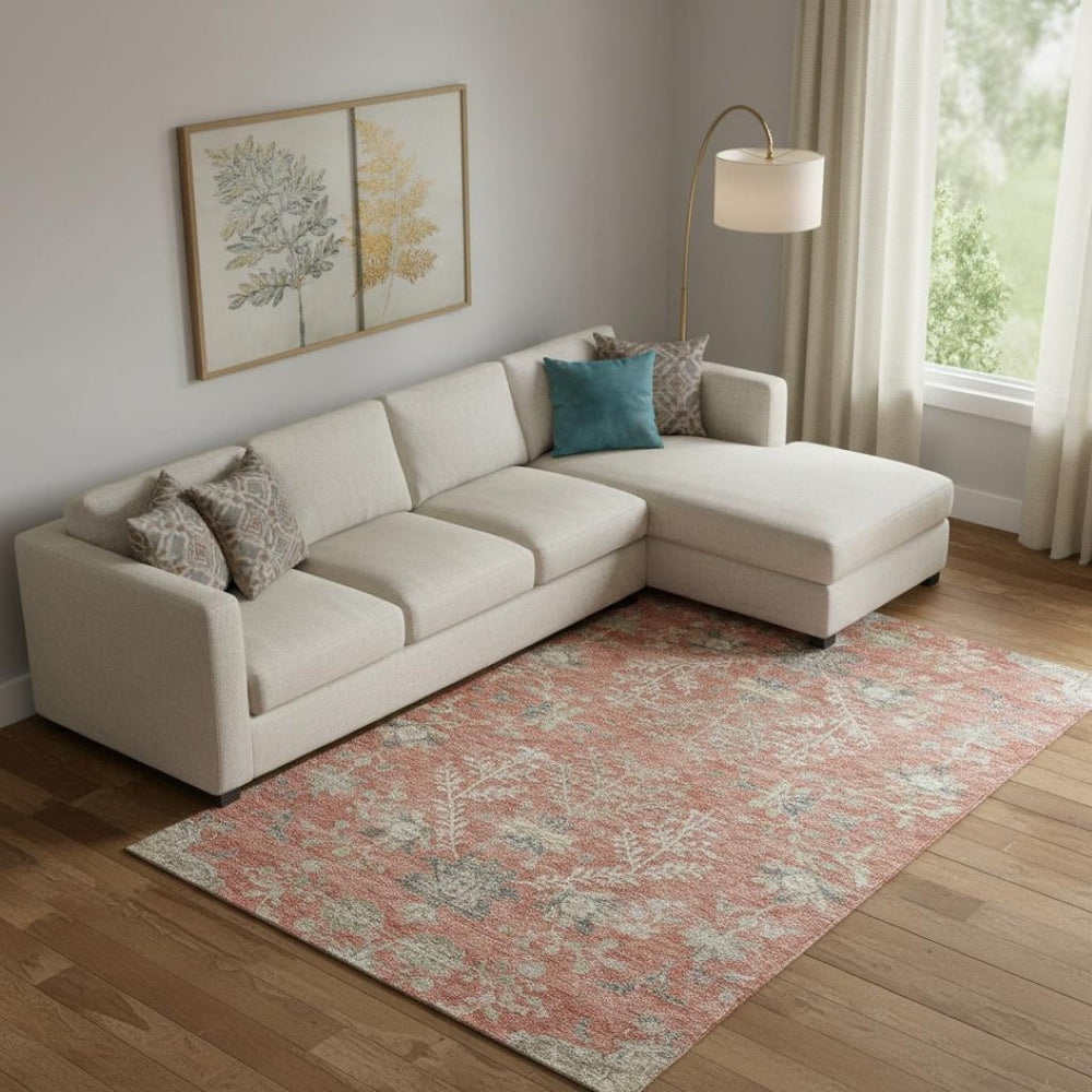 HomeRoots 9' X 12' Coral Beige & Taupe Floral Area Rug - Durable, Washable, UV-Protected for Modern Homes 687052