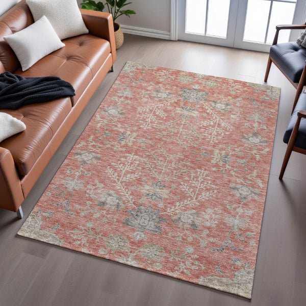 HomeRoots 10' X 14' Coral Beige Taupe Floral Rug - Washable, UV Protected, Pet-Friendly & Stain Resistant! 687053