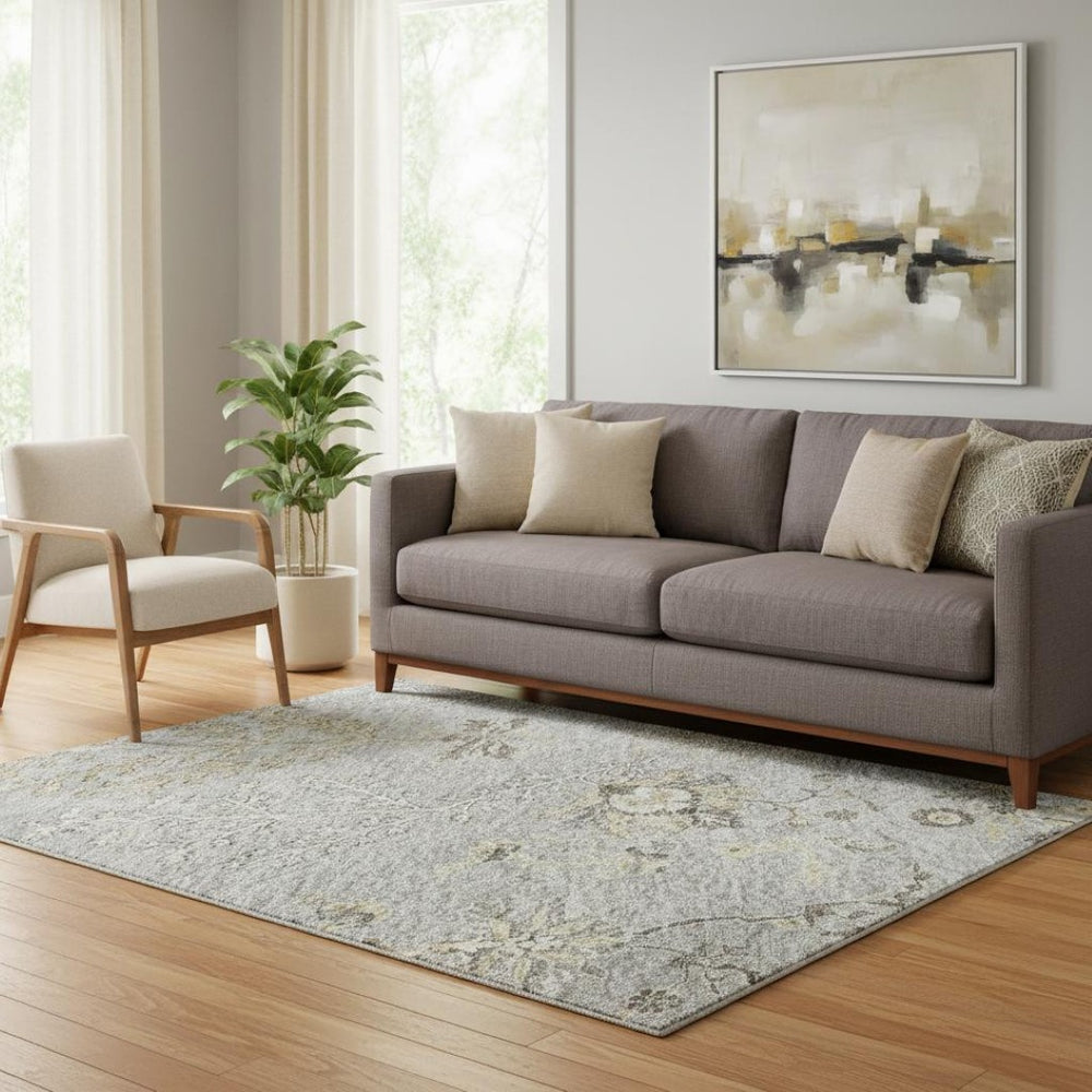 HomeRoots 5' X 8' Elegant Gray Ivory Gold Floral Area Rug - Washable, UV Protected, Perfect for High-Traffic Homes 687055