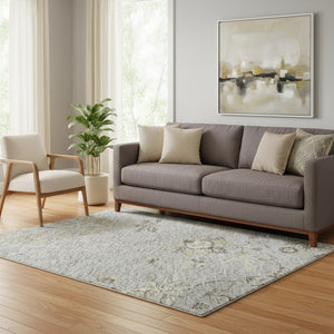 HomeRoots 5' X 8' Elegant Gray Ivory Gold Floral Area Rug - Washable, UV Protected, Perfect for High-Traffic Homes 687055