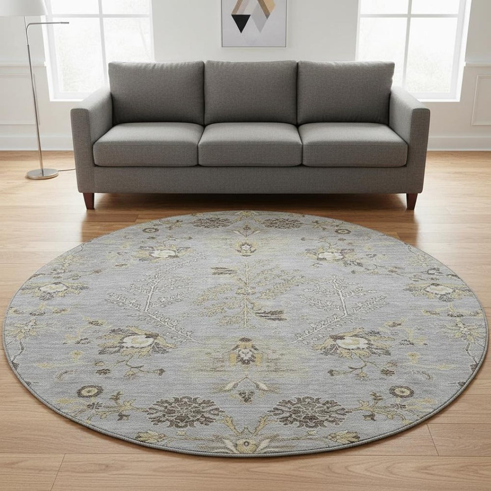 HomeRoots 8' Elegant Gray Ivory and Gold Floral Round Rug – Washable, UV-Protected, Perfect for Family Spaces! 687056