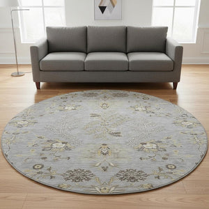 HomeRoots 8' Elegant Gray Ivory and Gold Floral Round Rug – Washable, UV-Protected, Perfect for Family Spaces! 687056