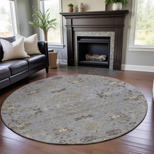 HomeRoots 8' Elegant Gray Ivory and Gold Floral Round Rug – Washable, UV-Protected, Perfect for Family Spaces! 687056