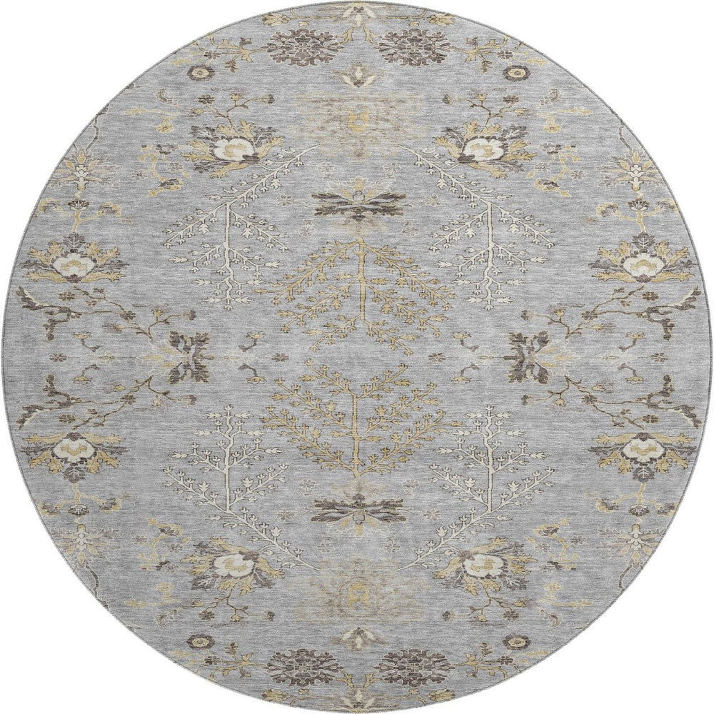 HomeRoots 8' Elegant Gray Ivory and Gold Floral Round Rug – Washable, UV-Protected, Perfect for Family Spaces! 687056