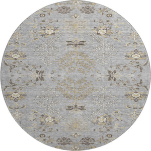 HomeRoots 8' Elegant Gray Ivory and Gold Floral Round Rug – Washable, UV-Protected, Perfect for Family Spaces! 687056
