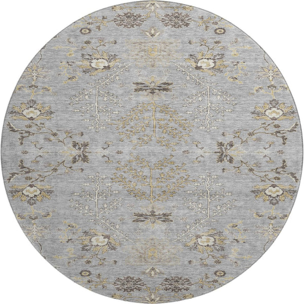 HomeRoots 8' Elegant Gray Ivory and Gold Floral Round Rug – Washable, UV-Protected, Perfect for Family Spaces! 687056