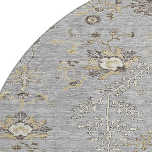 HomeRoots 8' Elegant Gray Ivory and Gold Floral Round Rug – Washable, UV-Protected, Perfect for Family Spaces! 687056