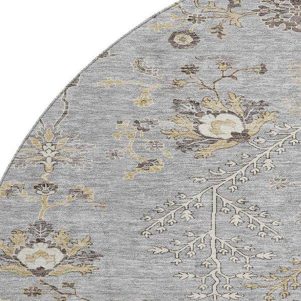 HomeRoots 8' Elegant Gray Ivory and Gold Floral Round Rug – Washable, UV-Protected, Perfect for Family Spaces! 687056