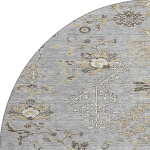 HomeRoots 8' Elegant Gray Ivory and Gold Floral Round Rug – Washable, UV-Protected, Perfect for Family Spaces! 687056