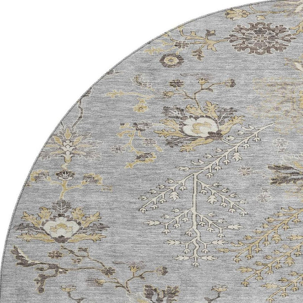 HomeRoots 8' Elegant Gray Ivory and Gold Floral Round Rug – Washable, UV-Protected, Perfect for Family Spaces! 687056