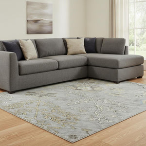 HomeRoots 8' X 10' Elegant Gray, Ivory & Gold Floral Washable Area Rug with UV Protection for Busy Homes 687057