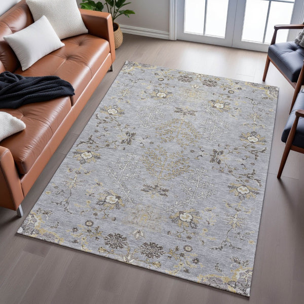 HomeRoots 9' X 12' Gray, Ivory & Gold Floral Washable Area Rug with UV Protection for Stylish Living Spaces 687058