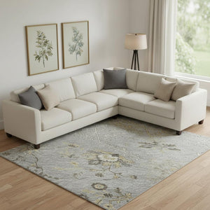 HomeRoots 10' X 14' Gray Ivory Gold Floral Area Rug - Washable, UV Protected, Kid & Pet Friendly Design! 687059