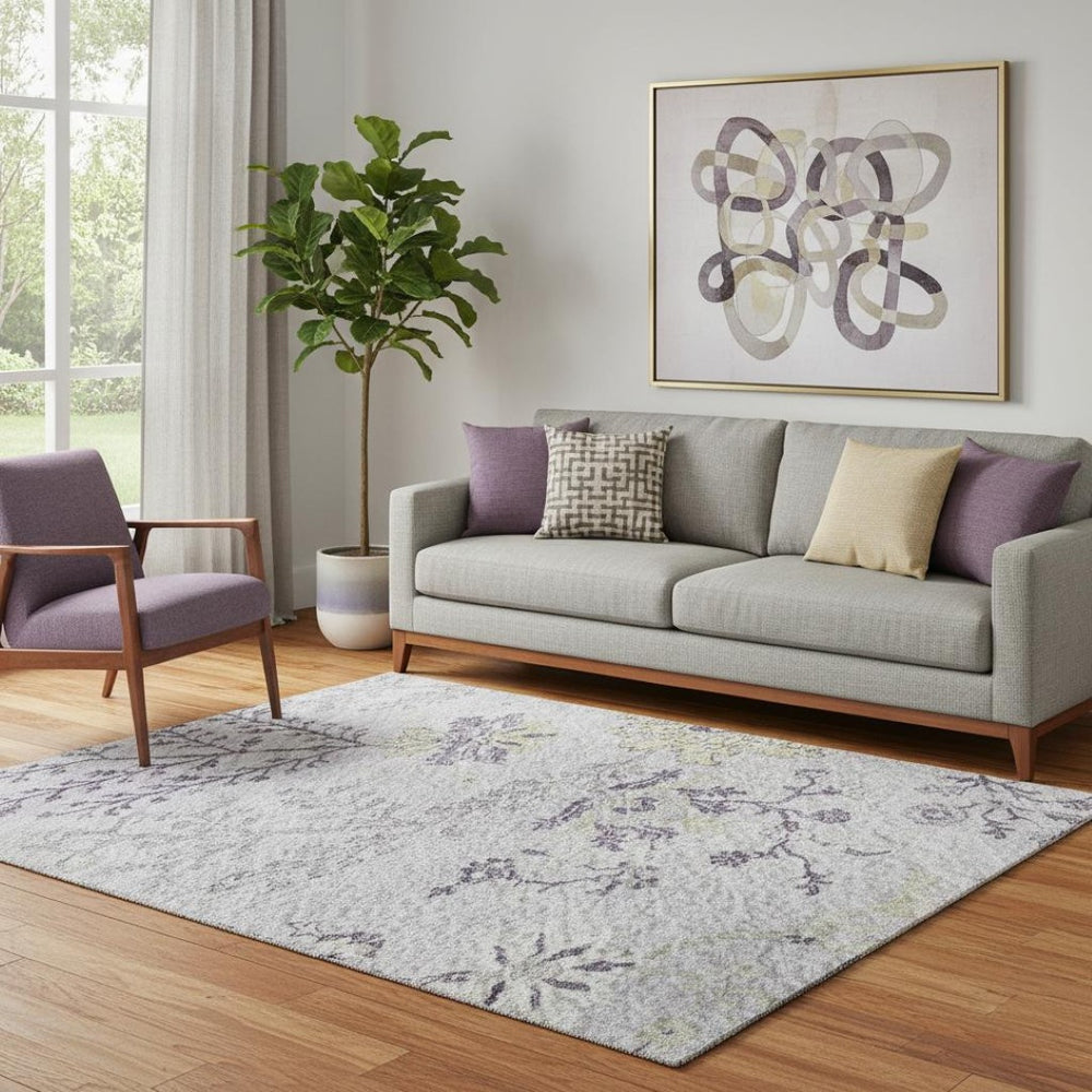 HomeRoots 5' X 8' Elegant Lavender Gray and Gold Floral Washable Area Rug with UV Protection & Stain Resistance 687061