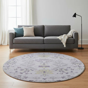 HomeRoots 8' Elegant Lavender Gray and Gold Floral Washable Round Rug with UV Protection for Stylish Spaces 687062