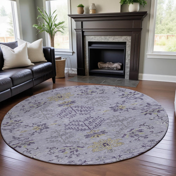 HomeRoots 8' Elegant Lavender Gray and Gold Floral Washable Round Rug with UV Protection for Stylish Spaces 687062