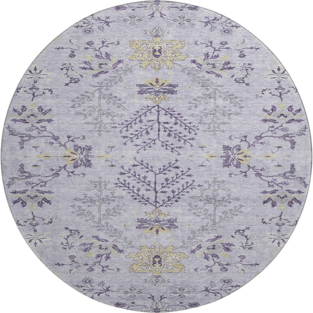 HomeRoots 8' Elegant Lavender Gray and Gold Floral Washable Round Rug with UV Protection for Stylish Spaces 687062