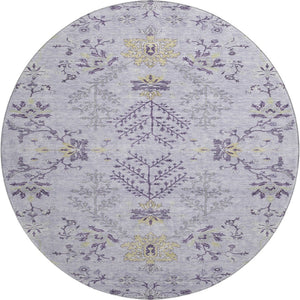 HomeRoots 8' Elegant Lavender Gray and Gold Floral Washable Round Rug with UV Protection for Stylish Spaces 687062
