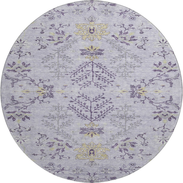 HomeRoots 8' Elegant Lavender Gray and Gold Floral Washable Round Rug with UV Protection for Stylish Spaces 687062