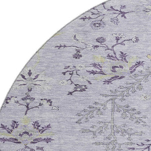 HomeRoots 8' Elegant Lavender Gray and Gold Floral Washable Round Rug with UV Protection for Stylish Spaces 687062