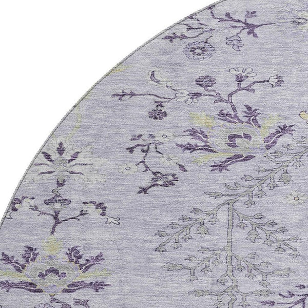 HomeRoots 8' Elegant Lavender Gray and Gold Floral Washable Round Rug with UV Protection for Stylish Spaces 687062
