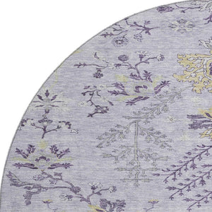 HomeRoots 8' Elegant Lavender Gray and Gold Floral Washable Round Rug with UV Protection for Stylish Spaces 687062