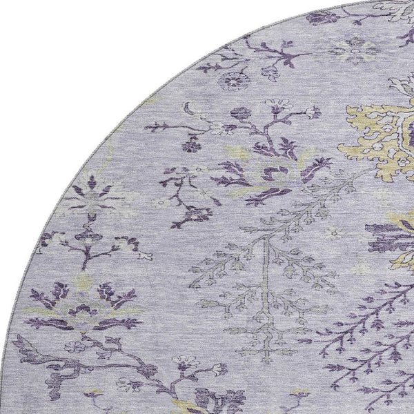 HomeRoots 8' Elegant Lavender Gray and Gold Floral Washable Round Rug with UV Protection for Stylish Spaces 687062