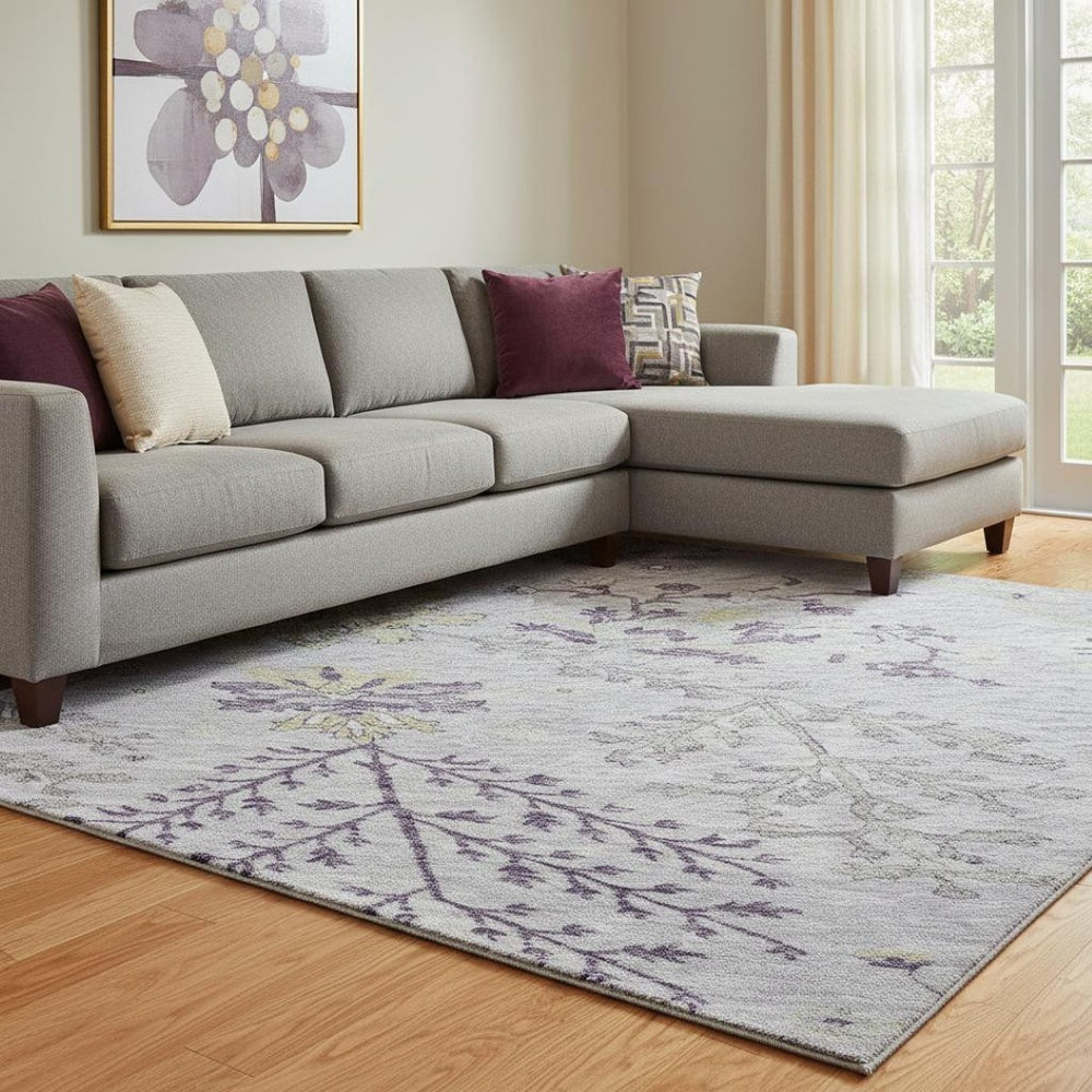 HomeRoots 8' X 10' Elegant Lavender Gray & Gold Floral Washable Area Rug with UV Protection for Homes 687063