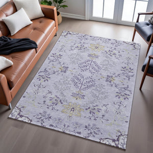 HomeRoots 9' X 12' Stylish Lavender Gray & Gold Floral Area Rug - UV-Protected, Stain-Resistant & Easy Care 687064