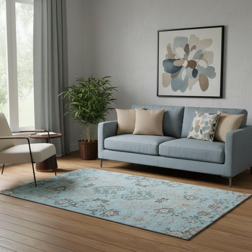 HomeRoots 5' X 8' Sky Blue Beige Gray Floral Area Rug – Washable, UV Protected, Kid & Pet Friendly Decor 687067