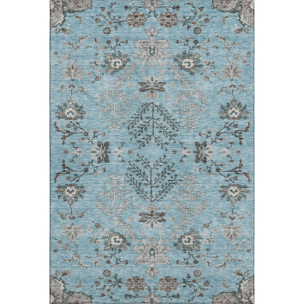 HomeRoots 5' X 8' Sky Blue Beige Gray Floral Area Rug – Washable, UV Protected, Kid & Pet Friendly Decor 687067