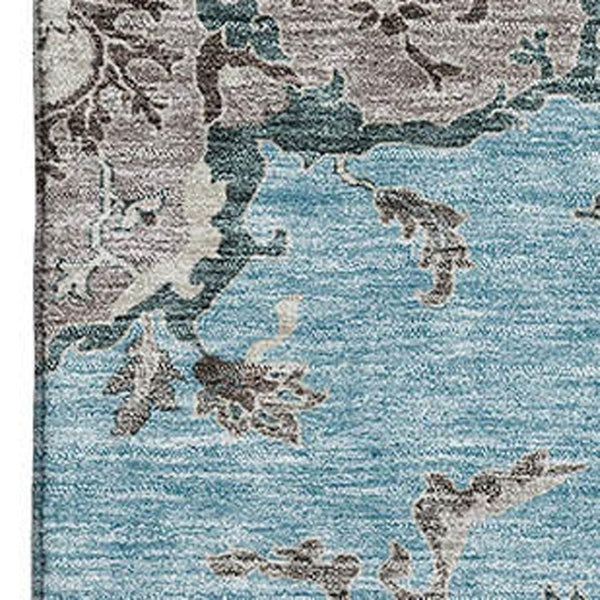 HomeRoots 5' X 8' Sky Blue Beige Gray Floral Area Rug – Washable, UV Protected, Kid & Pet Friendly Decor 687067