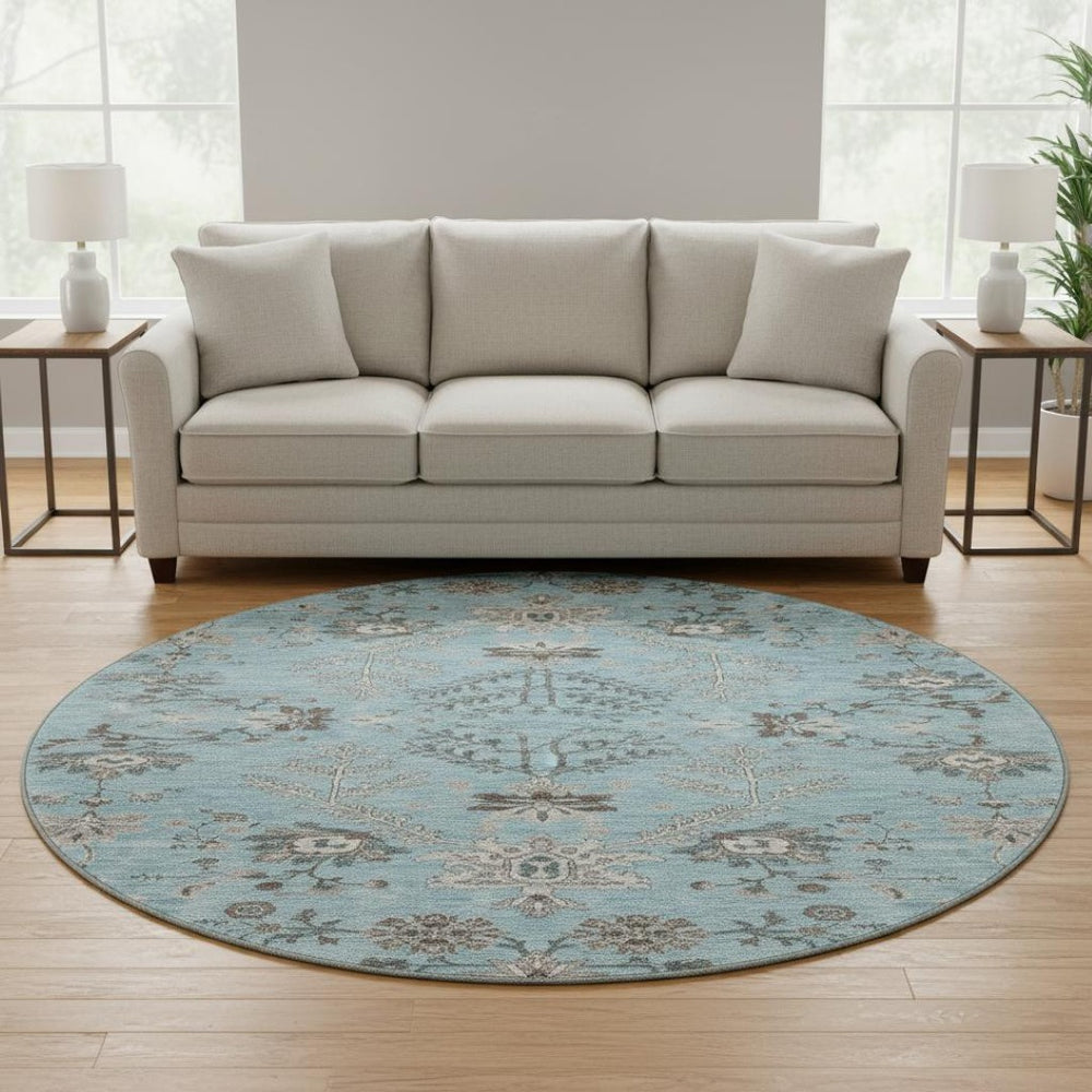 HomeRoots 8' Stunning Sky Blue Floral Round Rug - Washable, UV Protected, Perfect for High-Traffic Areas! 687068