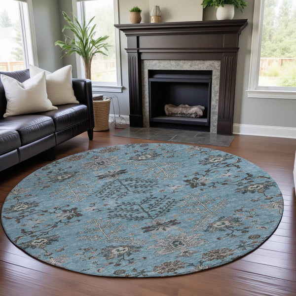 HomeRoots 8' Stunning Sky Blue Floral Round Rug - Washable, UV Protected, Perfect for High-Traffic Areas! 687068