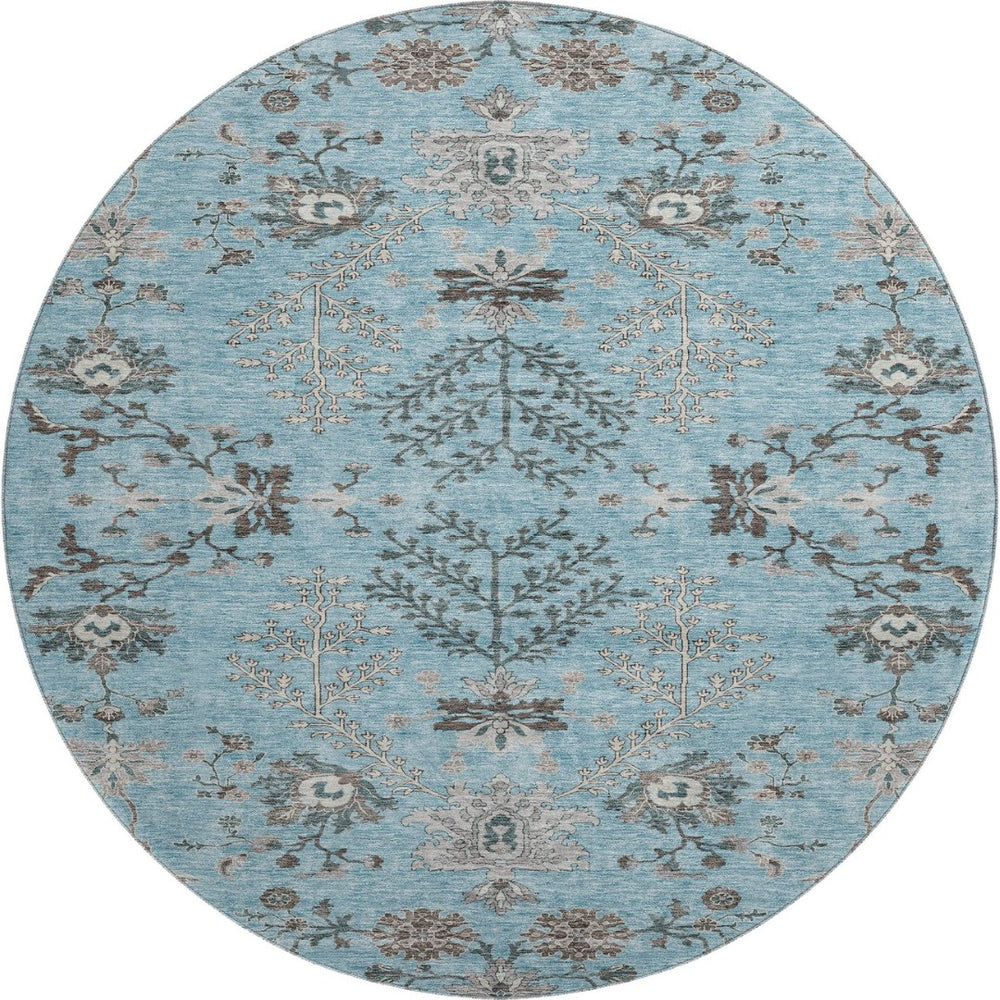 HomeRoots 8' Stunning Sky Blue Floral Round Rug - Washable, UV Protected, Perfect for High-Traffic Areas! 687068