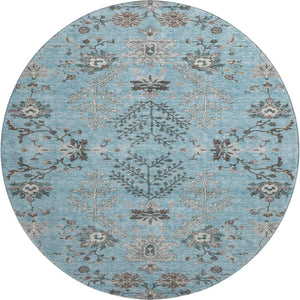 HomeRoots 8' Stunning Sky Blue Floral Round Rug - Washable, UV Protected, Perfect for High-Traffic Areas! 687068