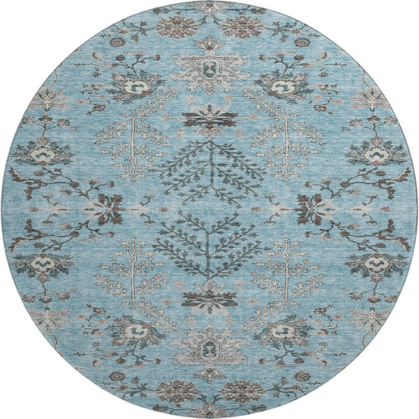 HomeRoots 8' Stunning Sky Blue Floral Round Rug - Washable, UV Protected, Perfect for High-Traffic Areas! 687068