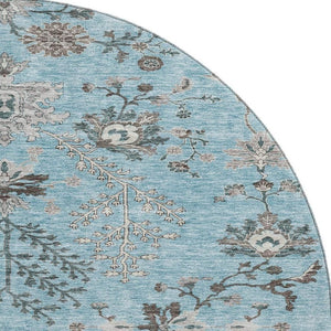 HomeRoots 8' Stunning Sky Blue Floral Round Rug - Washable, UV Protected, Perfect for High-Traffic Areas! 687068