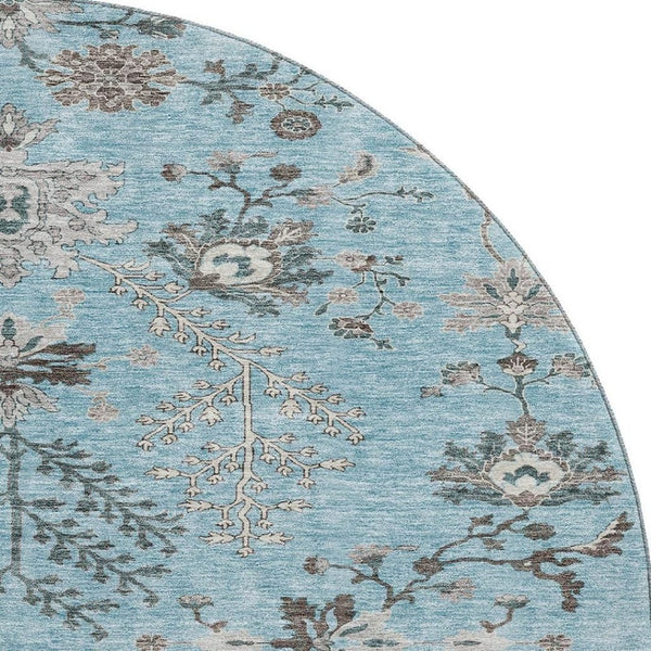 HomeRoots 8' Stunning Sky Blue Floral Round Rug - Washable, UV Protected, Perfect for High-Traffic Areas! 687068