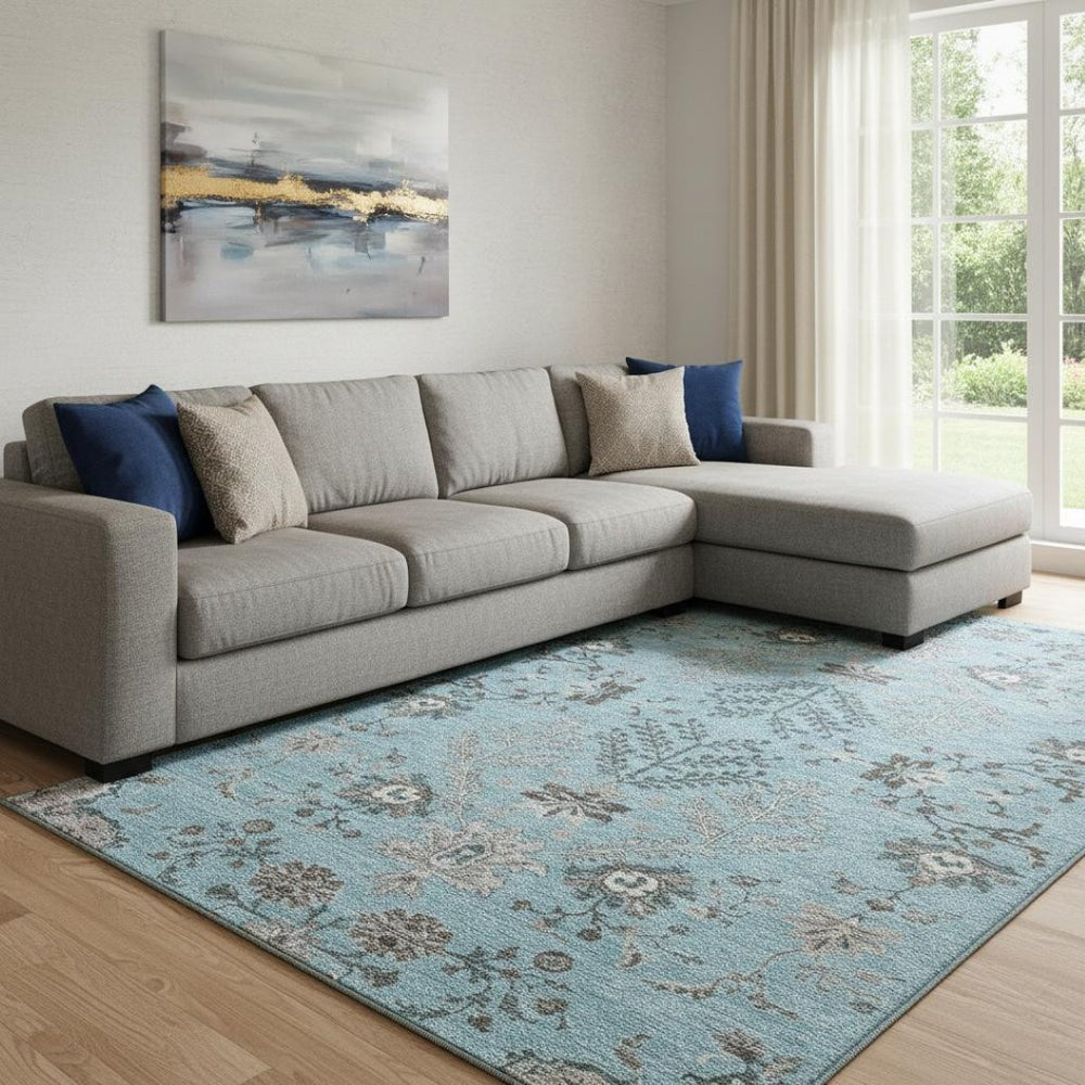 HomeRoots 8' X 10' Elegant Sky Blue Floral Area Rug - Washable, Stain Resistant, UV Protected for Homes & Pets 687069