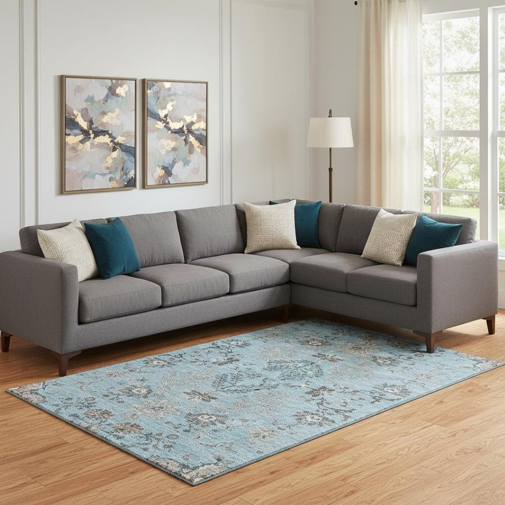 HomeRoots 9' X 12' Sky Blue Beige Floral Area Rug - Durable, Stain-Resistant, UV Protected for Any Space 687070