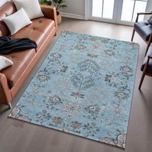 HomeRoots 9' X 12' Sky Blue Beige Floral Area Rug - Durable, Stain-Resistant, UV Protected for Any Space 687070