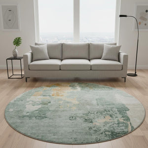 HomeRoots 8' Aqua & Wheat Abstract Washable Round Rug – UV Protected, Stylish, Stain-Resistant Comfort for Homes 687074