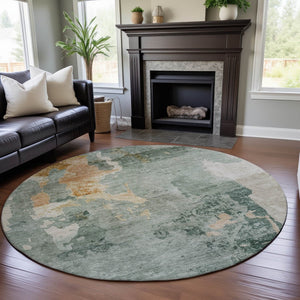 HomeRoots 8' Aqua & Wheat Abstract Washable Round Rug – UV Protected, Stylish, Stain-Resistant Comfort for Homes 687074